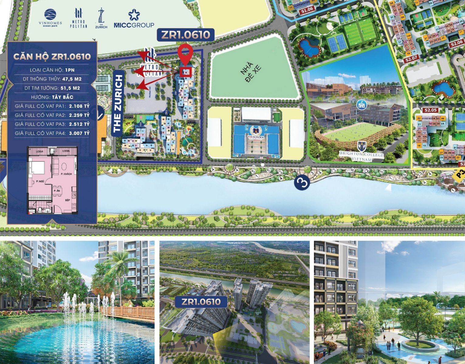 chung cư 1 phòng ngủ The Zurich Vinhomes Ocean park