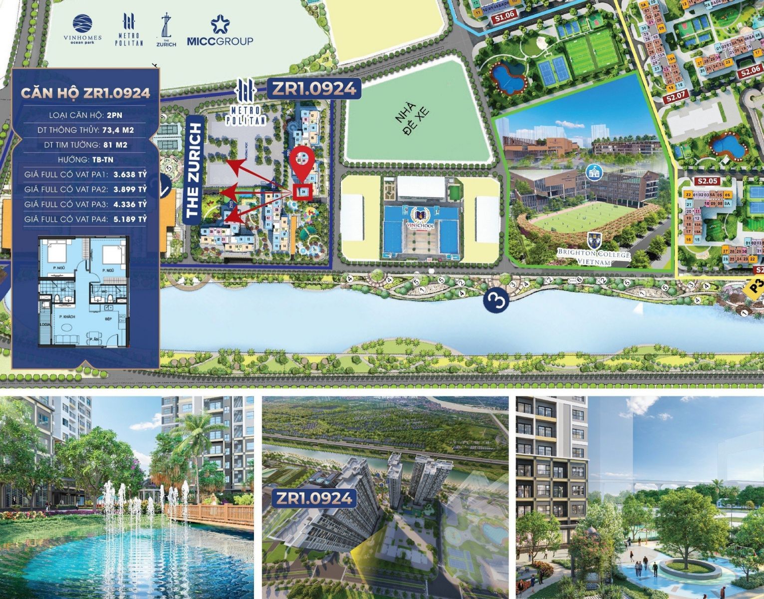 Căn hộ chung cư 2 phòng ngủ Tòa Zurich Vinhomes Ocean Park